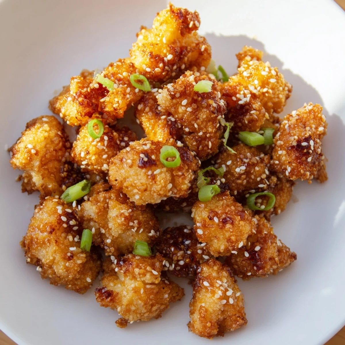 Crispy fried cauliflower tossed in sweet savory honey garlic glaze topped with fresh scallions