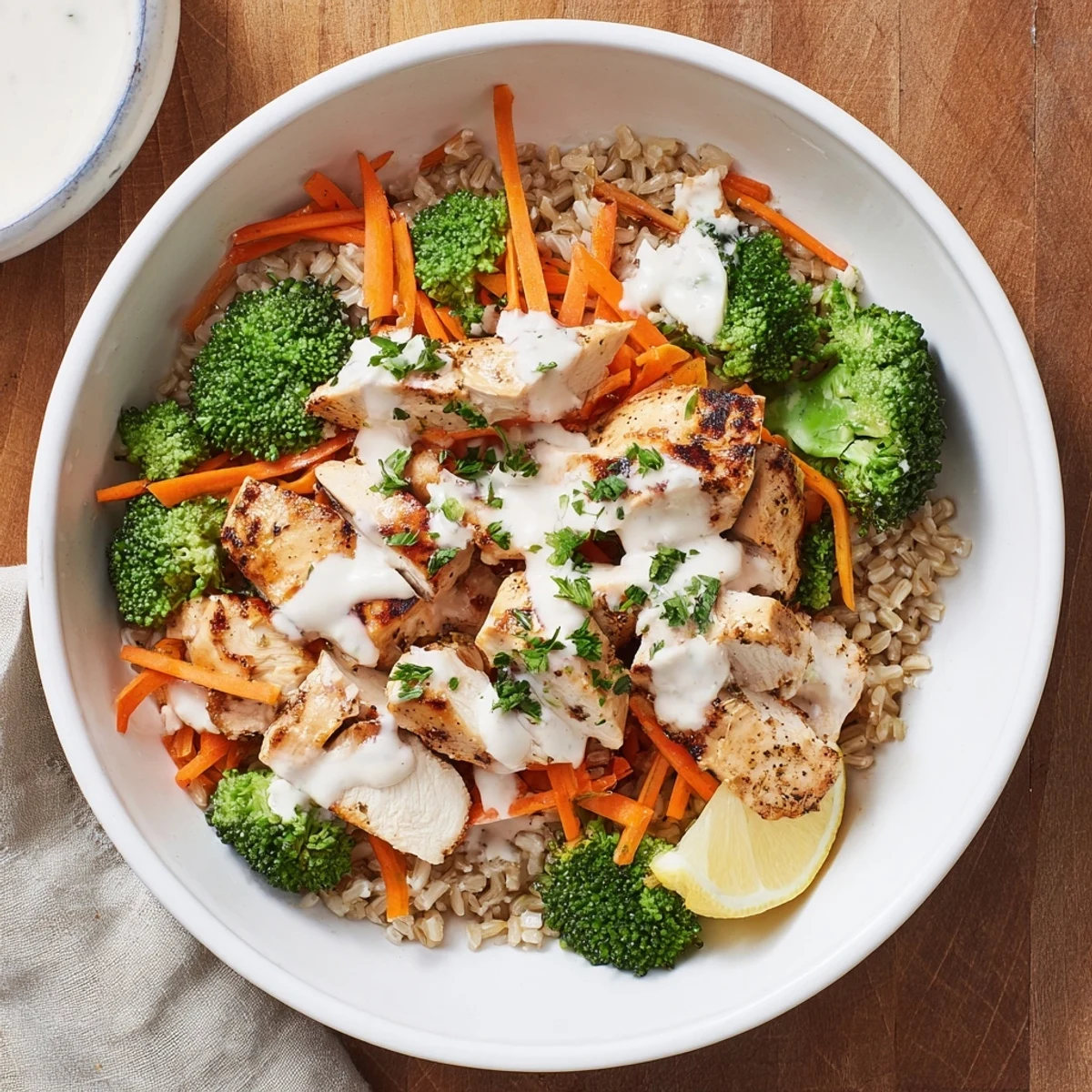 Healthy grilled chicken broccoli bowls featuring whole grains and luscious garlic yogurt sauce garnished with fresh parsley