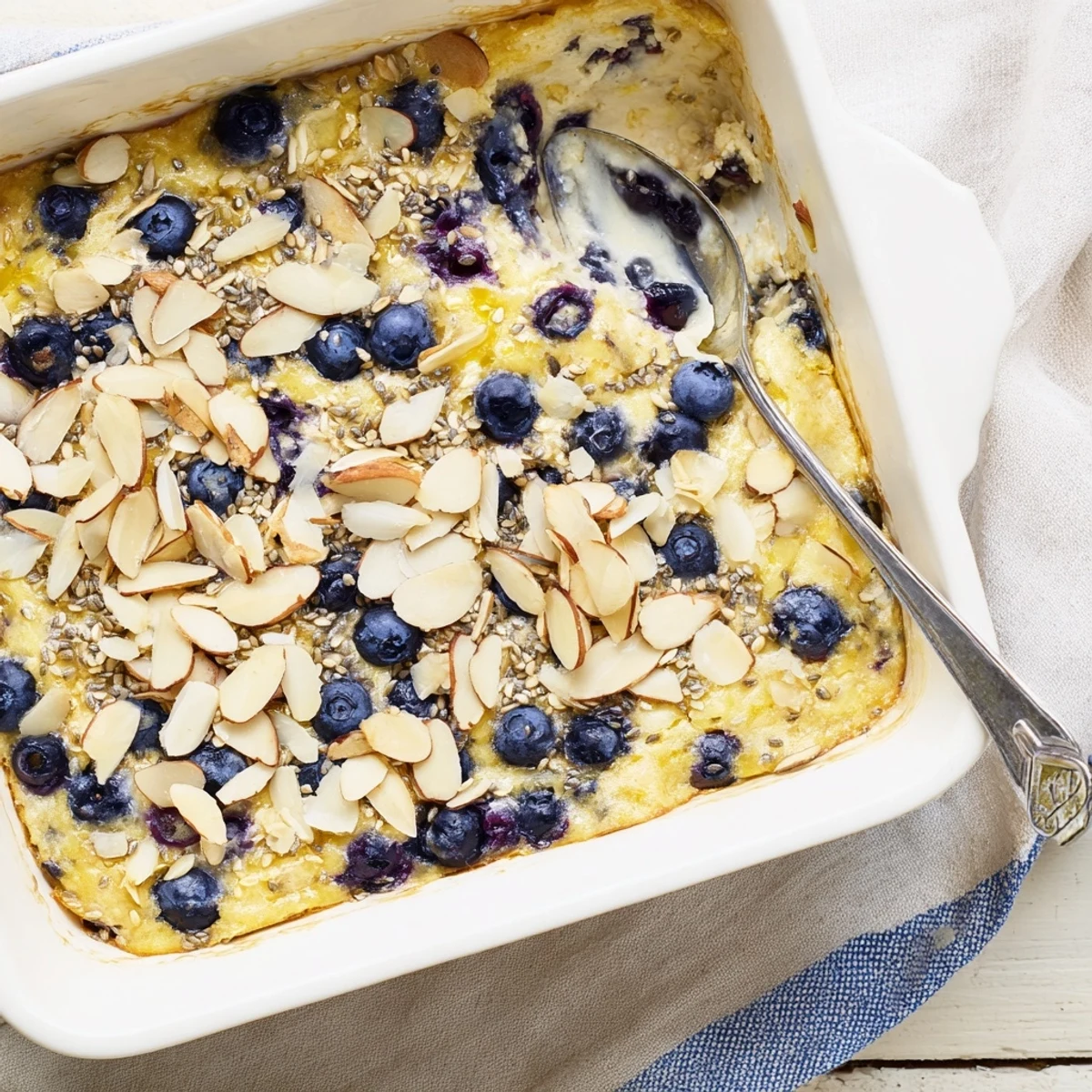 Golden high protein lemon blueberry breakfast bake with juicy berries and almond topping