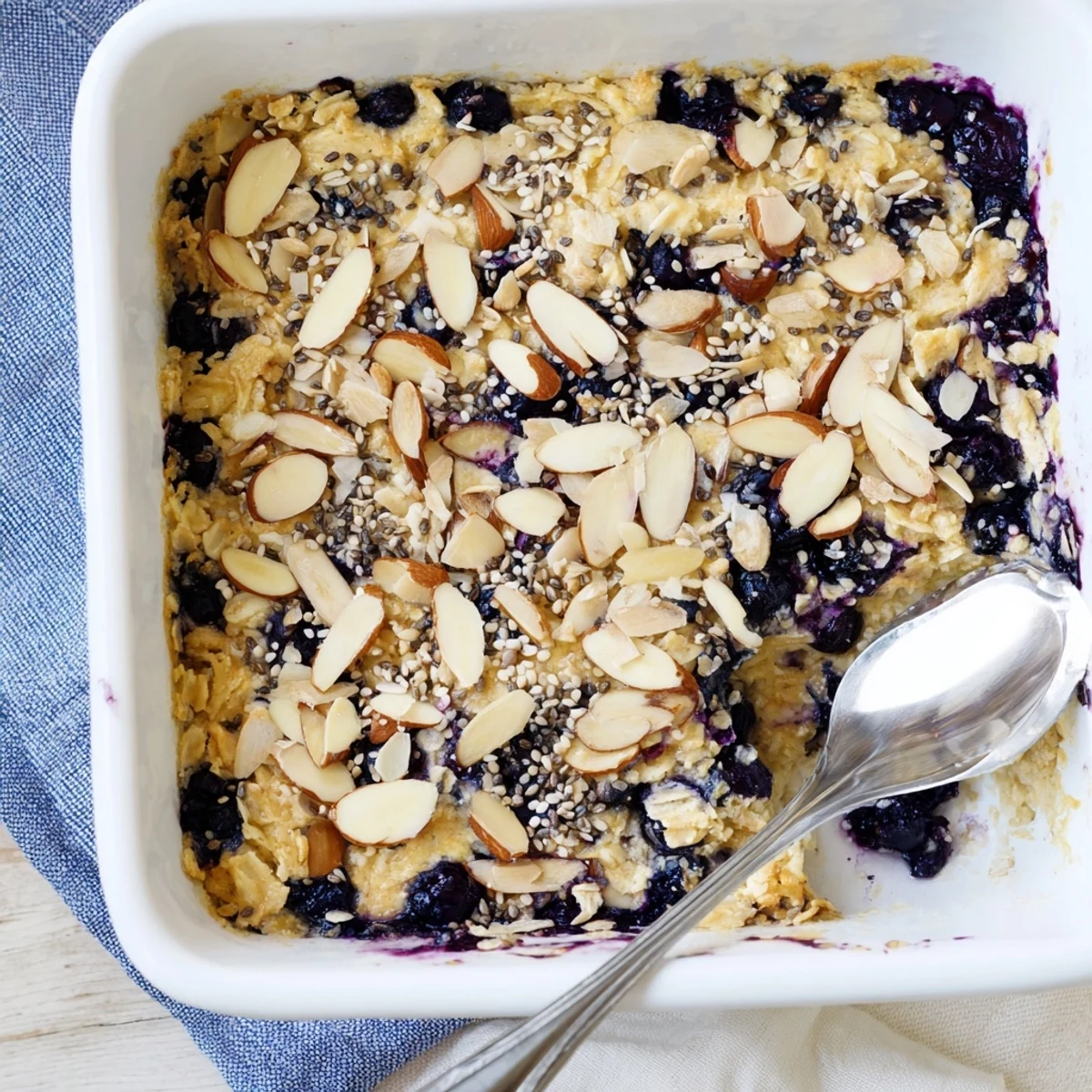 Sliced square of lemon blueberry breakfast bake topped with fresh blueberries and chia seeds