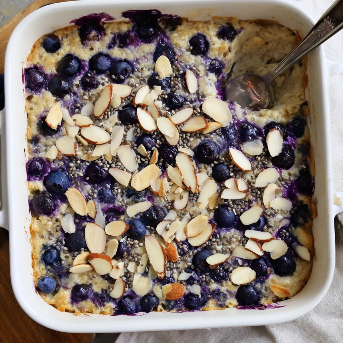 Warm high protein lemon blueberry breakfast bake served with Greek yogurt and honey drizzle