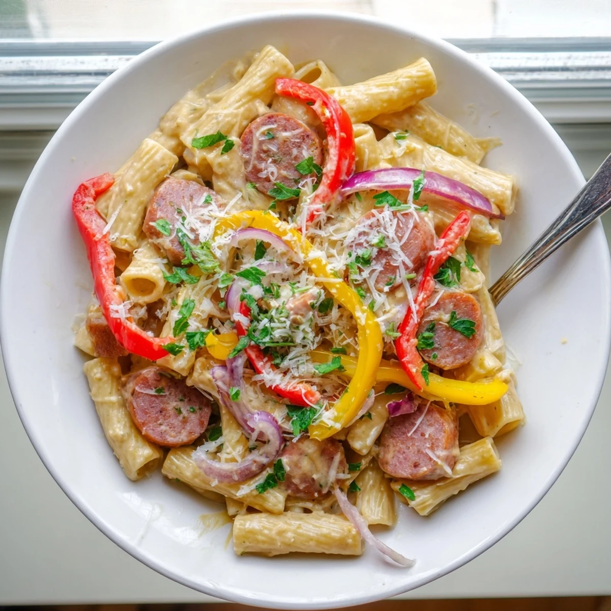 Creamy Cajun sausage pasta with colorful peppers in a rich spiced sauce, garnished with fresh parsley