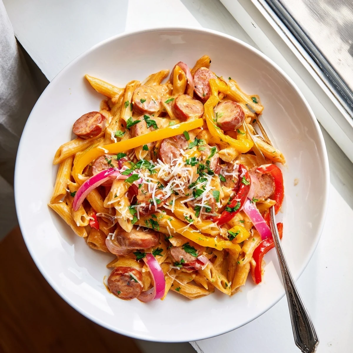 Hearty pasta dish featuring sliced Andouille sausage, red and yellow peppers, and a thick Cajun spiced cream sauce