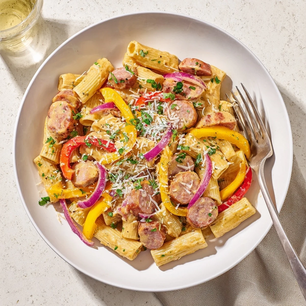 Savory smoked sausage and penne tossed in a Cajun cream sauce with bell peppers and Parmesan