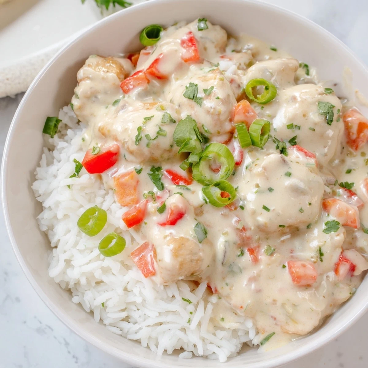 Creamy Cajun chicken rice bowls featuring tender spiced chicken in rich sauce over fluffy white rice with colorful bell peppers