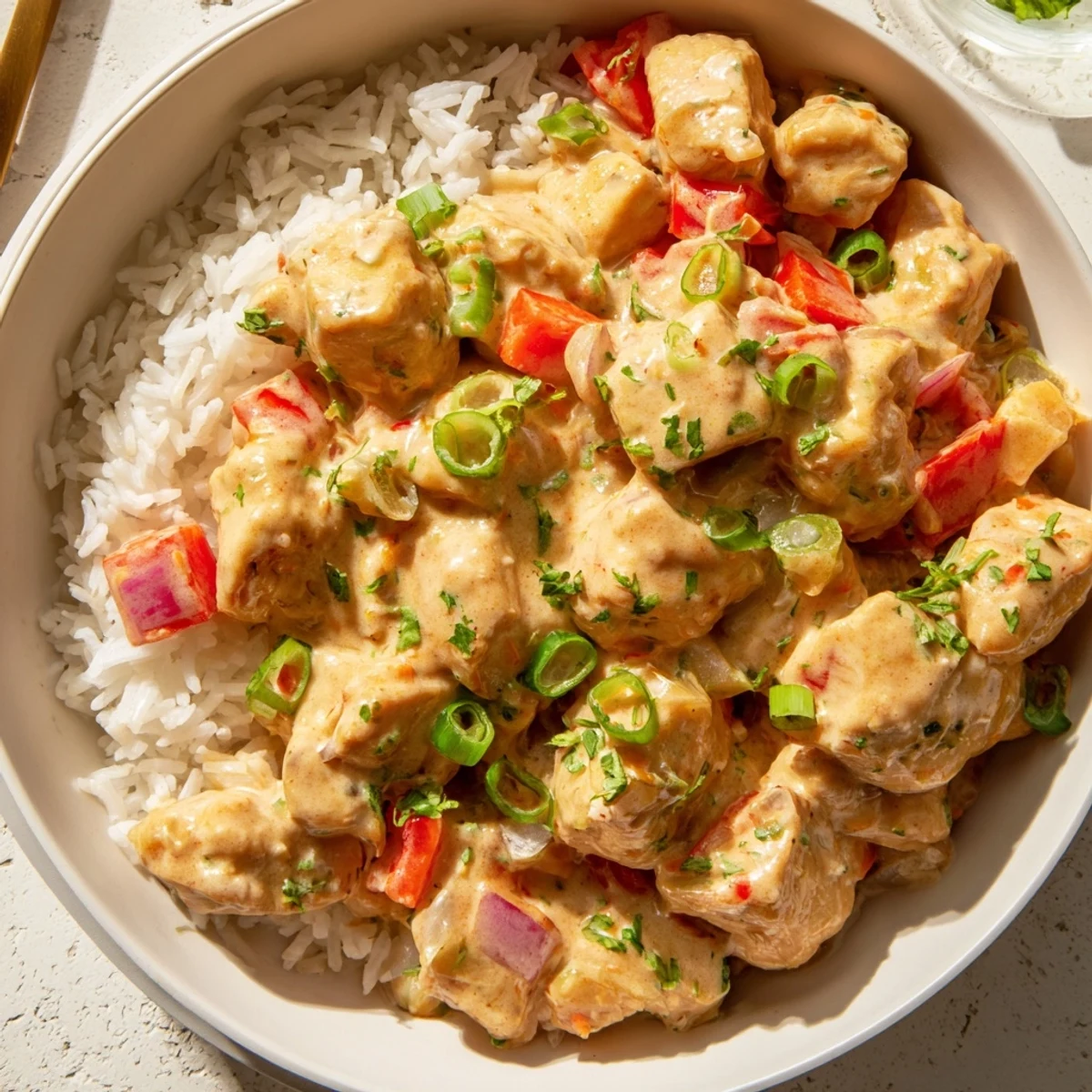 Vibrant Cajun chicken rice bowls topped with savory cream-coated chicken and fresh green onion garnish over steamed white rice