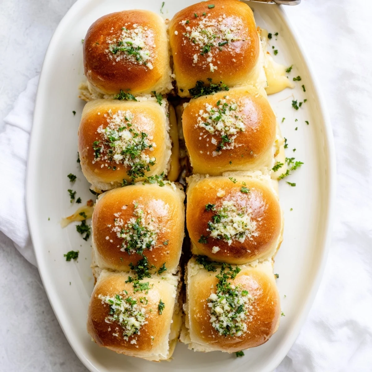 Golden brown mini grilled cheese Hawaiian rolls topped with melted cheese and parsley