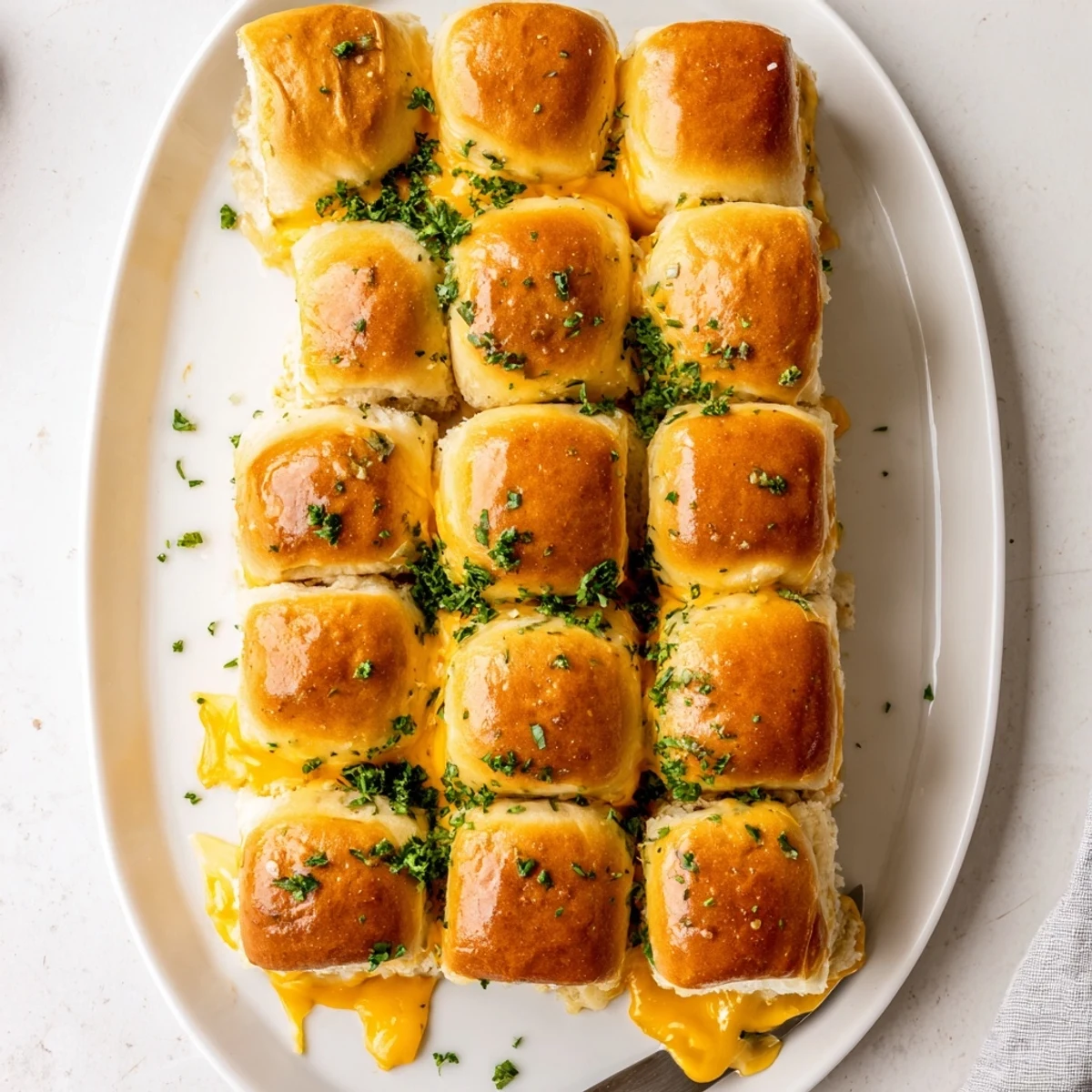 Garlic butter brushed mini grilled cheese Hawaiian rolls fresh from the oven