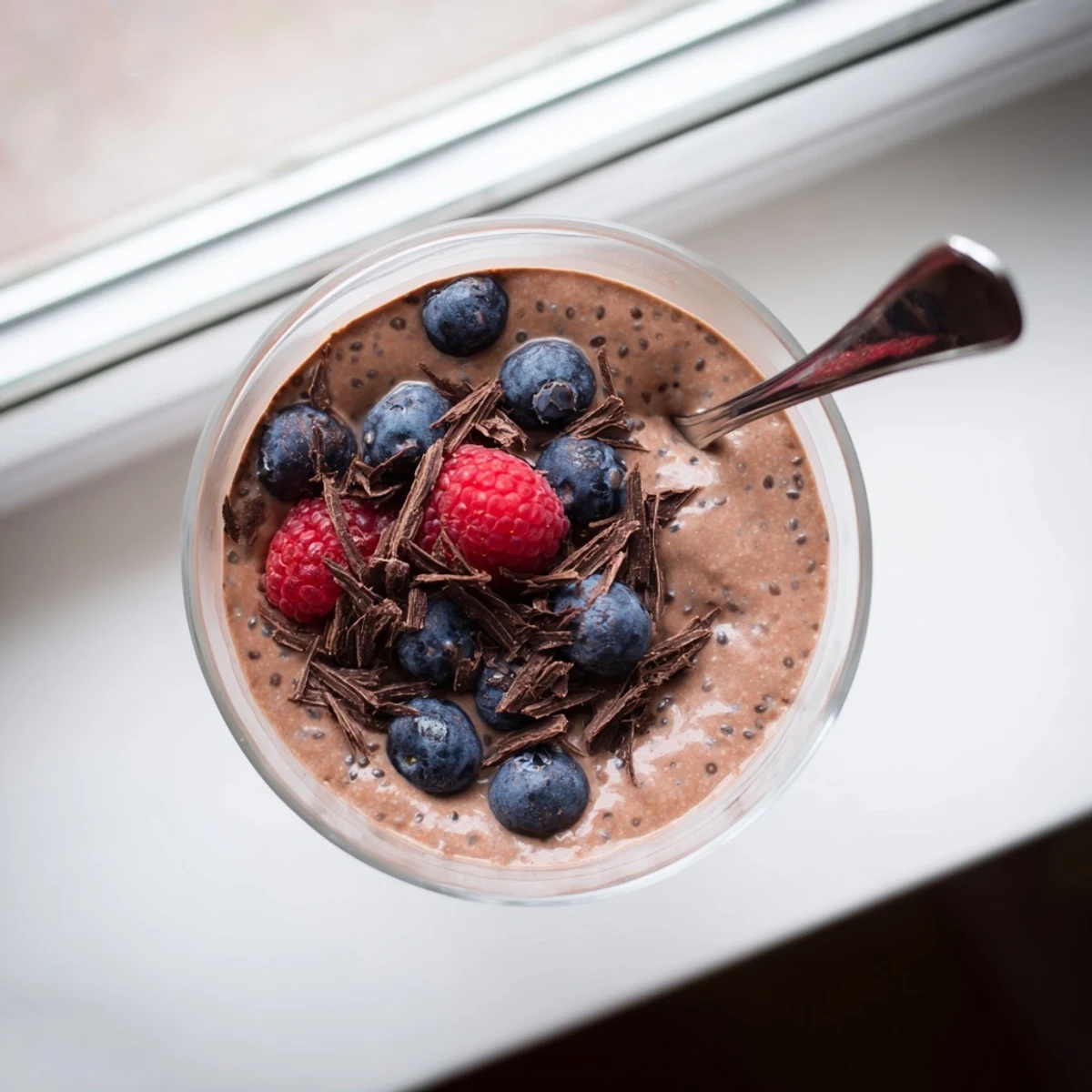 Rich chocolate flaxseed pudding dessert served chilled with whipped cream and fresh berry garnish on a white plate.