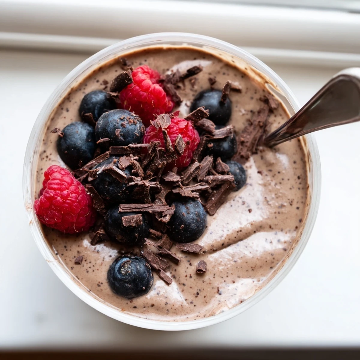 Creamy chocolate flaxseed pudding topped with fresh raspberries and dark chocolate shavings in a glass bowl.