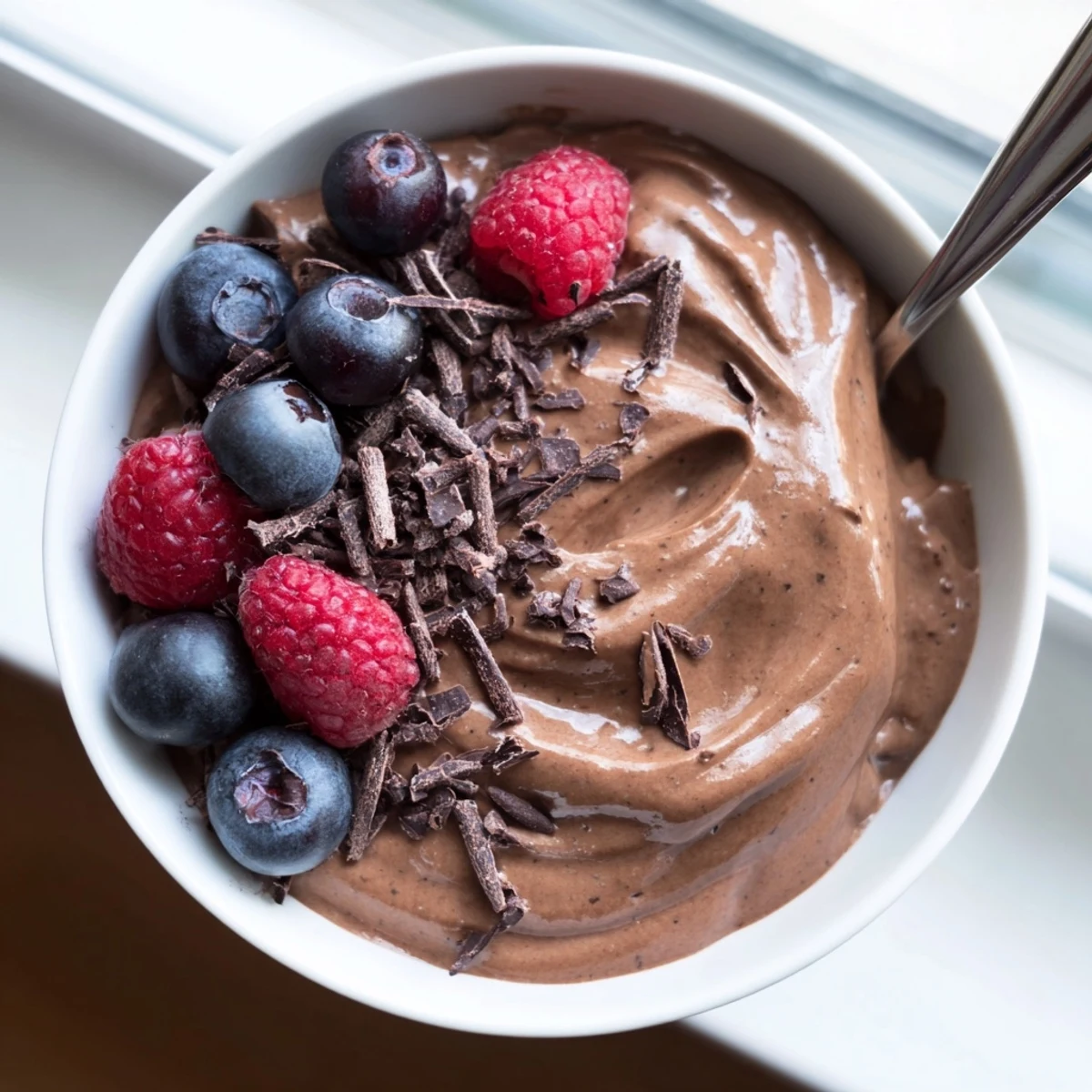 Spoon dipping into thick chocolate flaxseed pudding showing smooth texture with coconut cream and chopped walnuts.