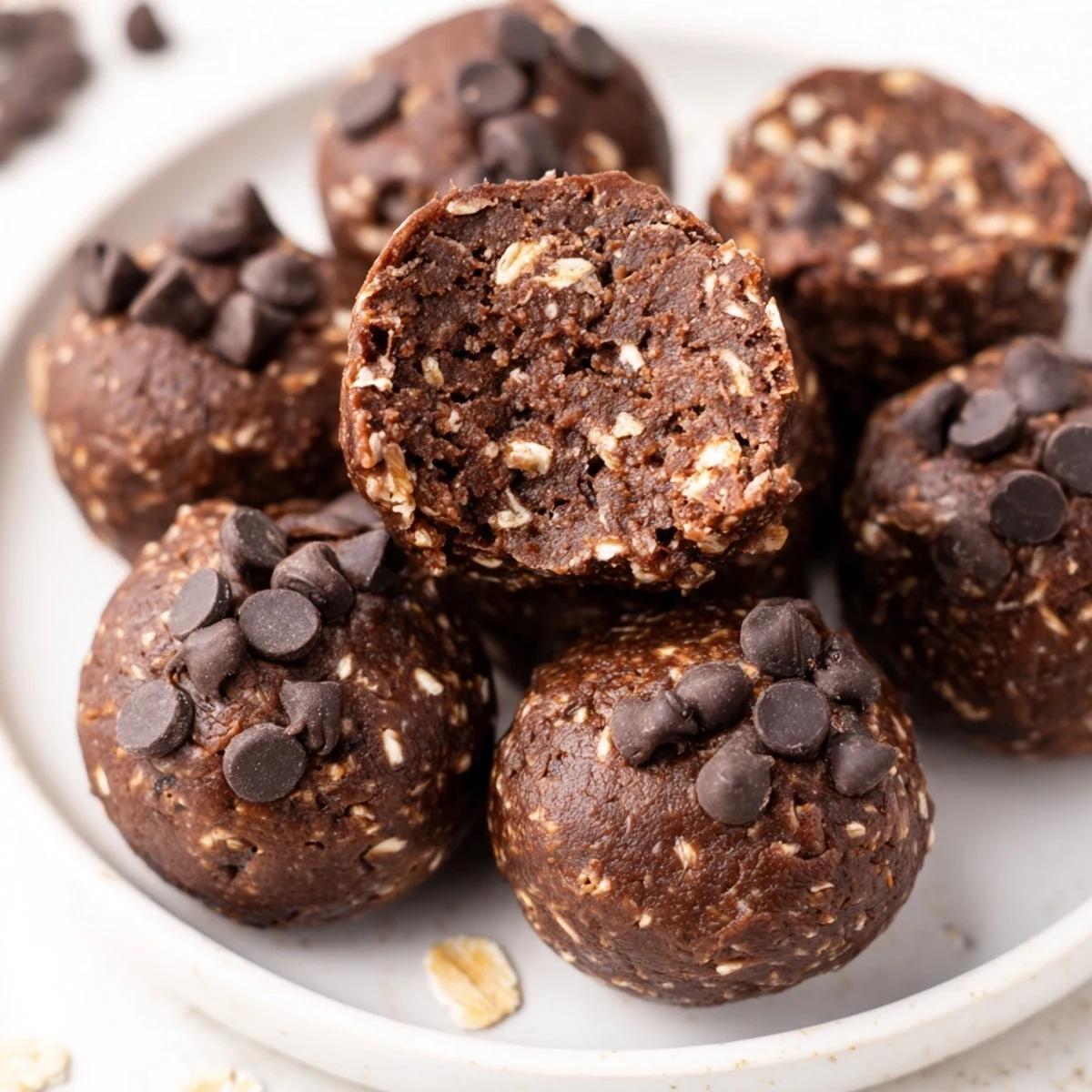 Fudgy no bake brownie bites rolled in coconut and chocolate chips on a white plate
