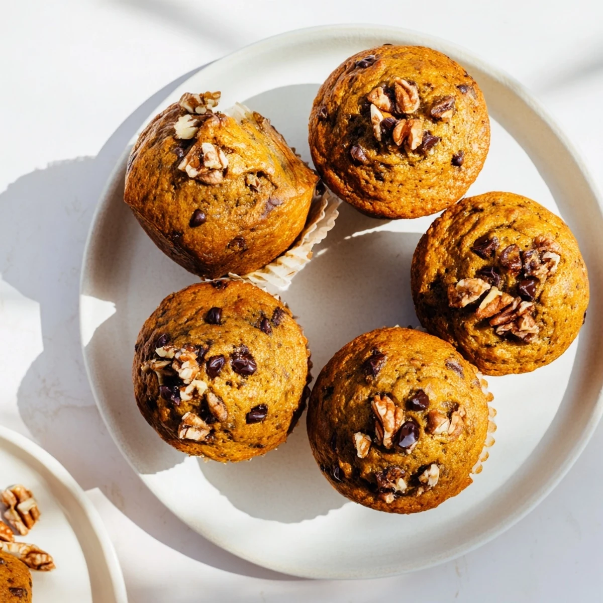 Golden pumpkin banana muffins with domed tops, fresh from the oven and sprinkled with chopped walnuts