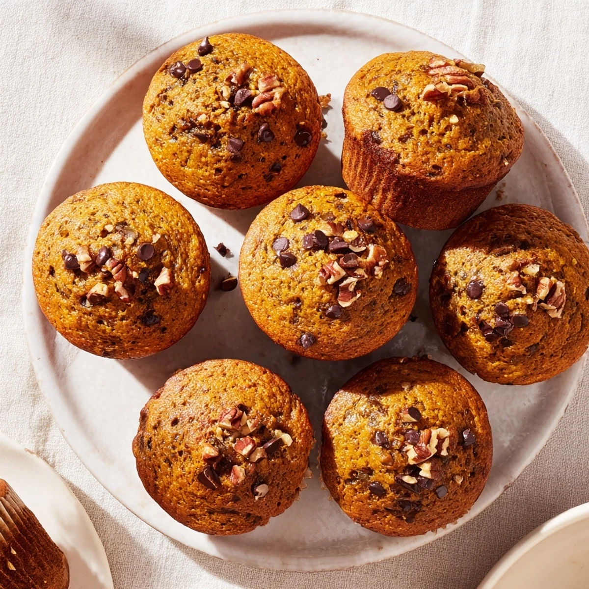 Basket of freshly baked pumpkin banana muffins with flecks of pumpkin spice and melting chocolate chips visible
