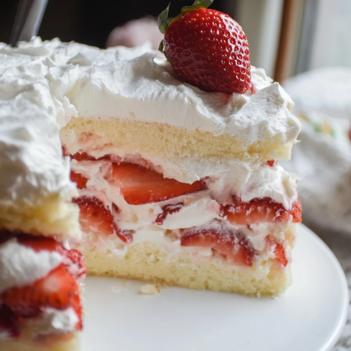 Golden slice of strawberry shortcake cake revealing fluffy vanilla layers with macerated berries and whipped cream