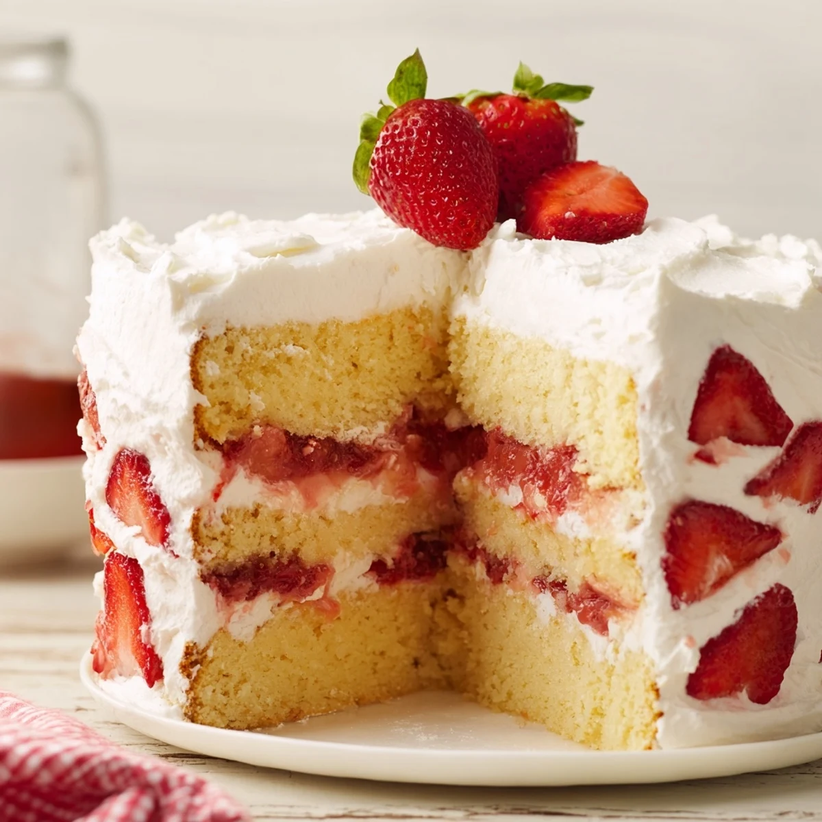 Homemade strawberry shortcake cake stacked with fresh juicy strawberries and vanilla whipped cream frosting on white plate