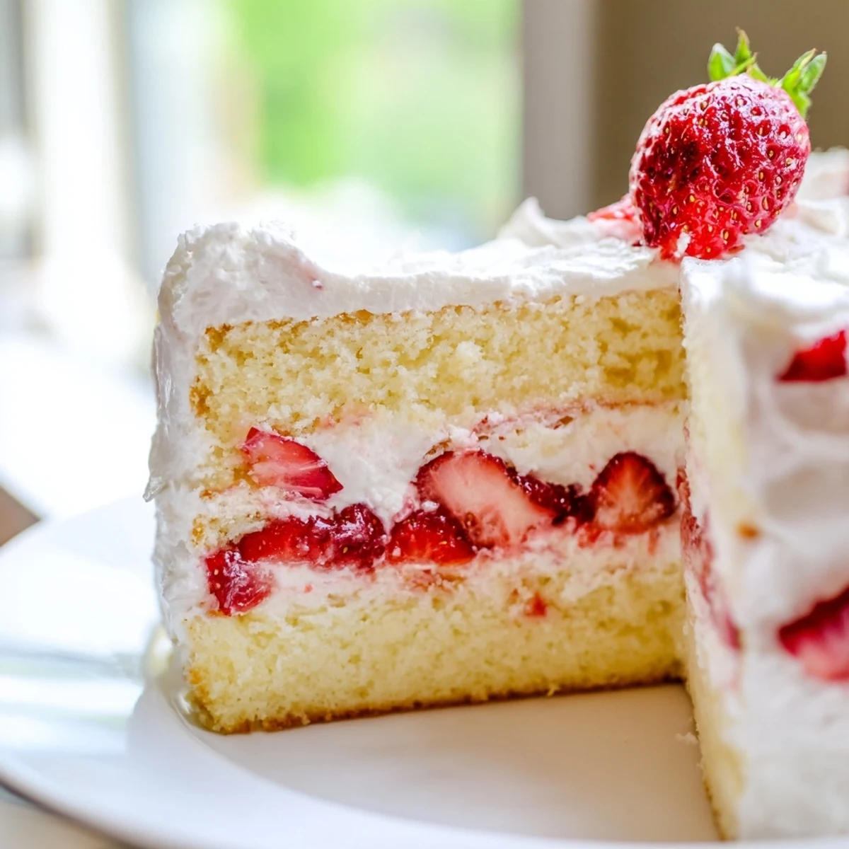 Light and airy strawberry shortcake cake dessert with sweet strawberry filling and pillowy whipped cream layers
