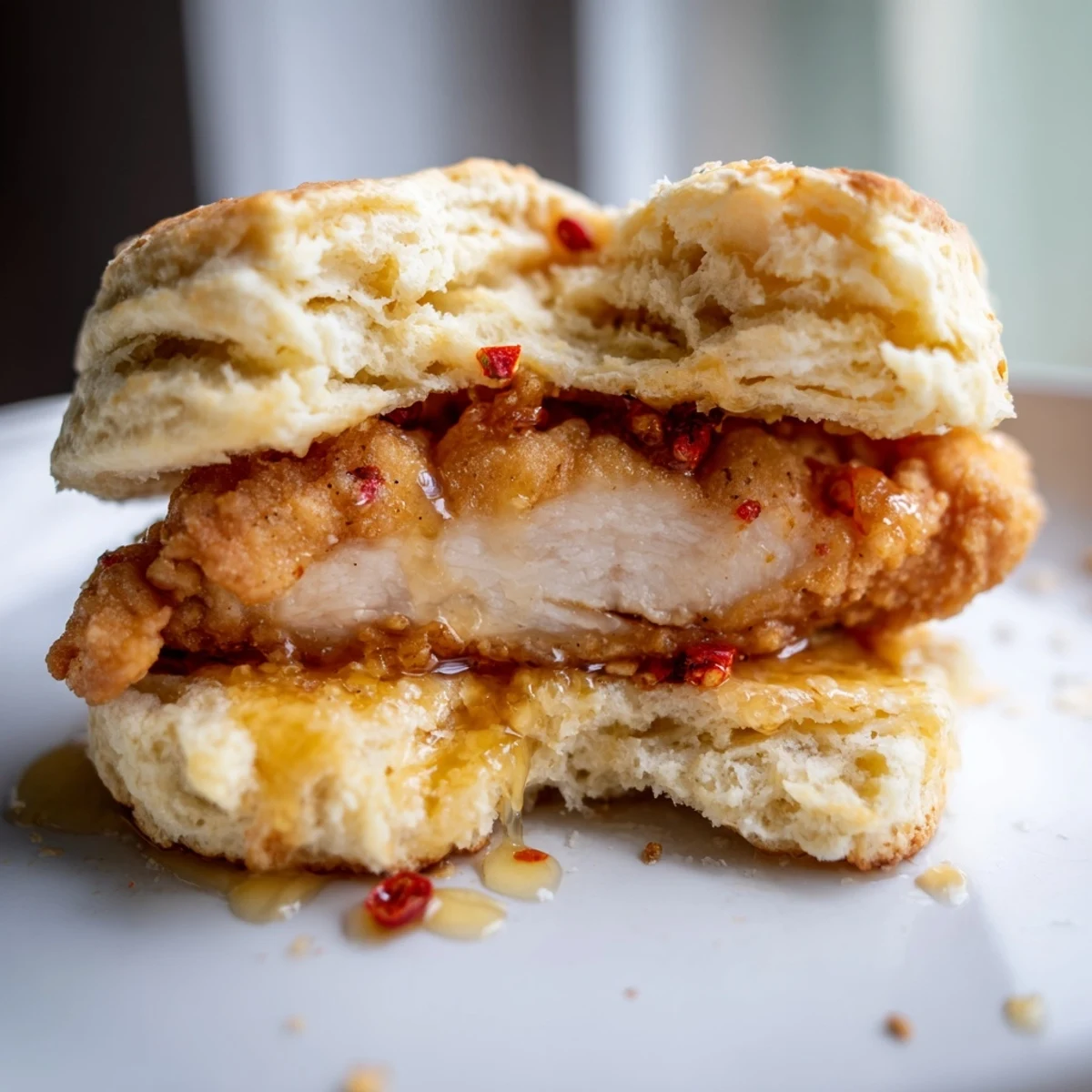 Southern style chicken biscuit sandwich glazed with spicy sweet honey on rustic wooden surface