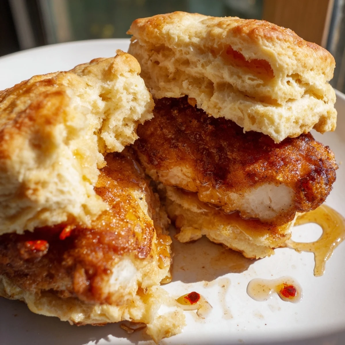 Hot honey chicken biscuits featuring crunchy fried meat between fluffy southern baked buttermilk layers