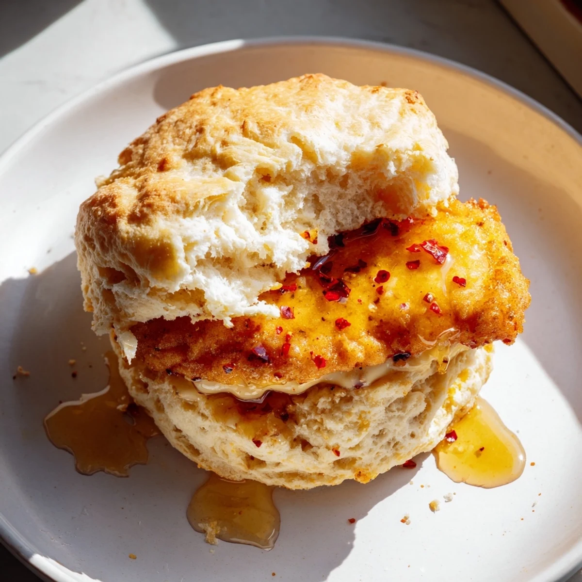 Golden butterm biscuit sandwich stacked with crispy fried chicken and amber hot honey drizzle