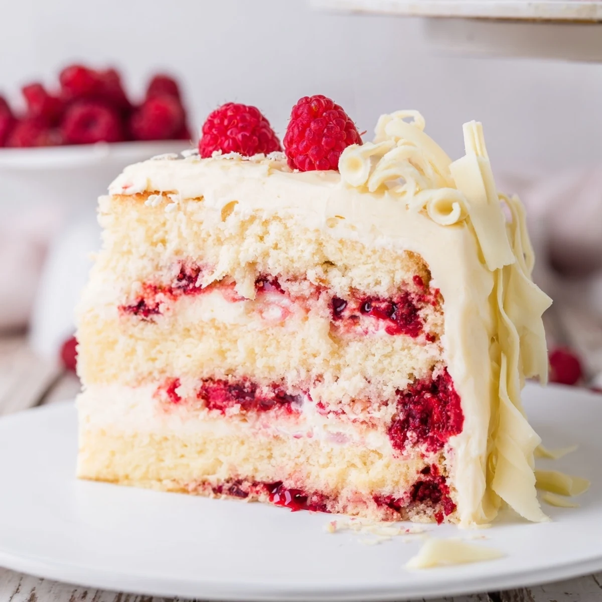 Elegant white chocolate raspberry dream cake layered with fresh raspberry filling and creamy frosting
