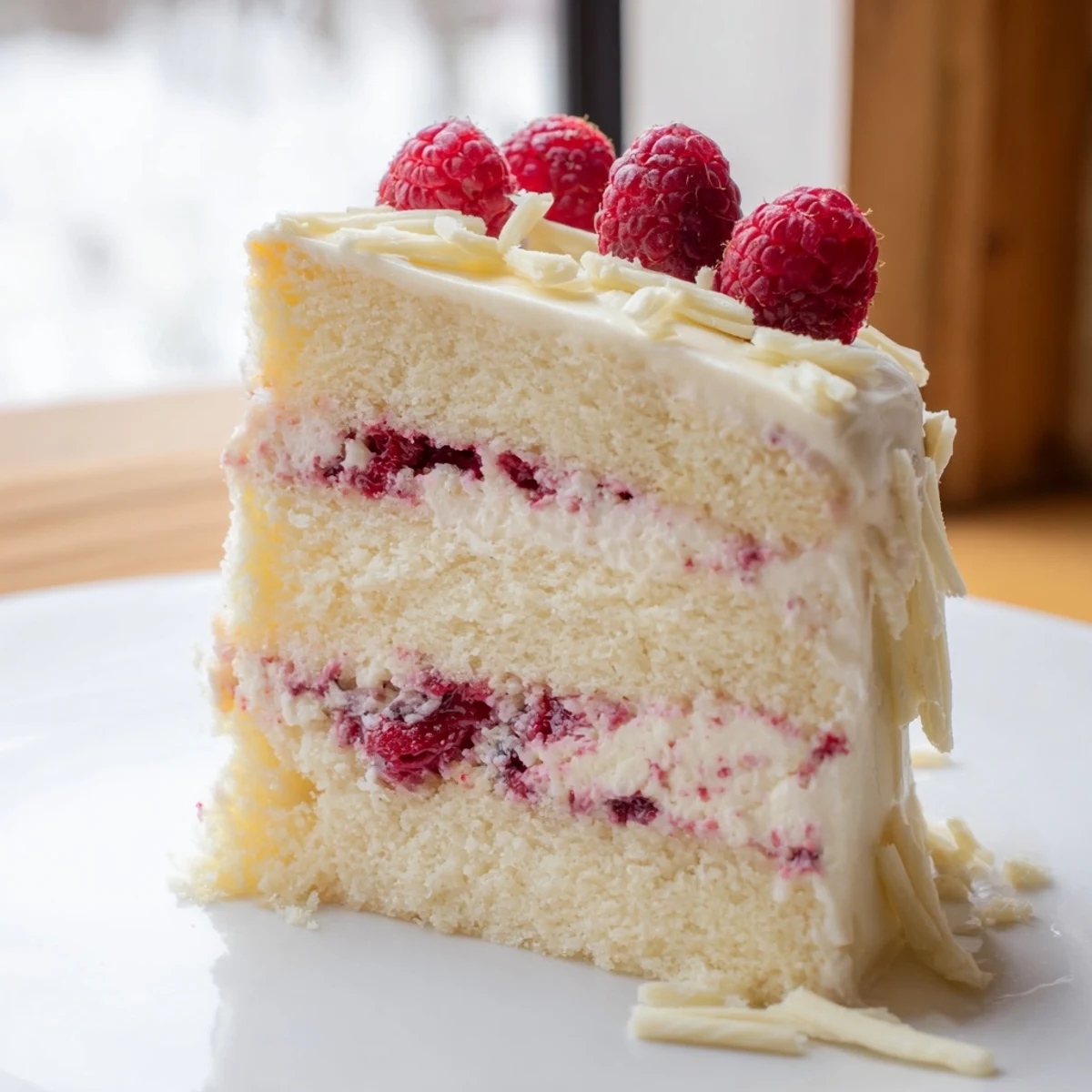 Tall slice of white chocolate raspberry dream cake showing red berry filling and white chocolate shavings
