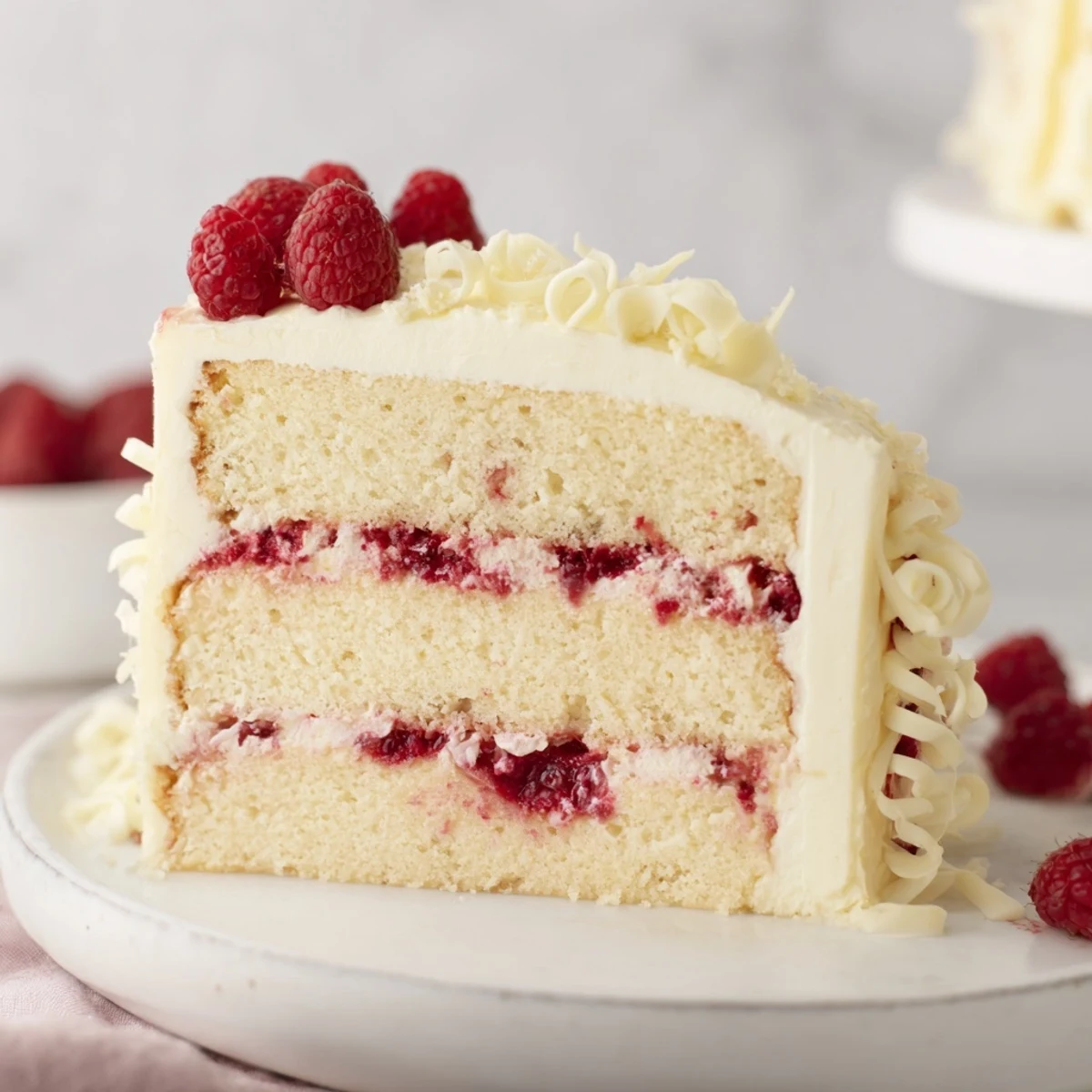Triple layer white chocolate raspberry dream cake topped with fresh raspberries and fluffy white frosting