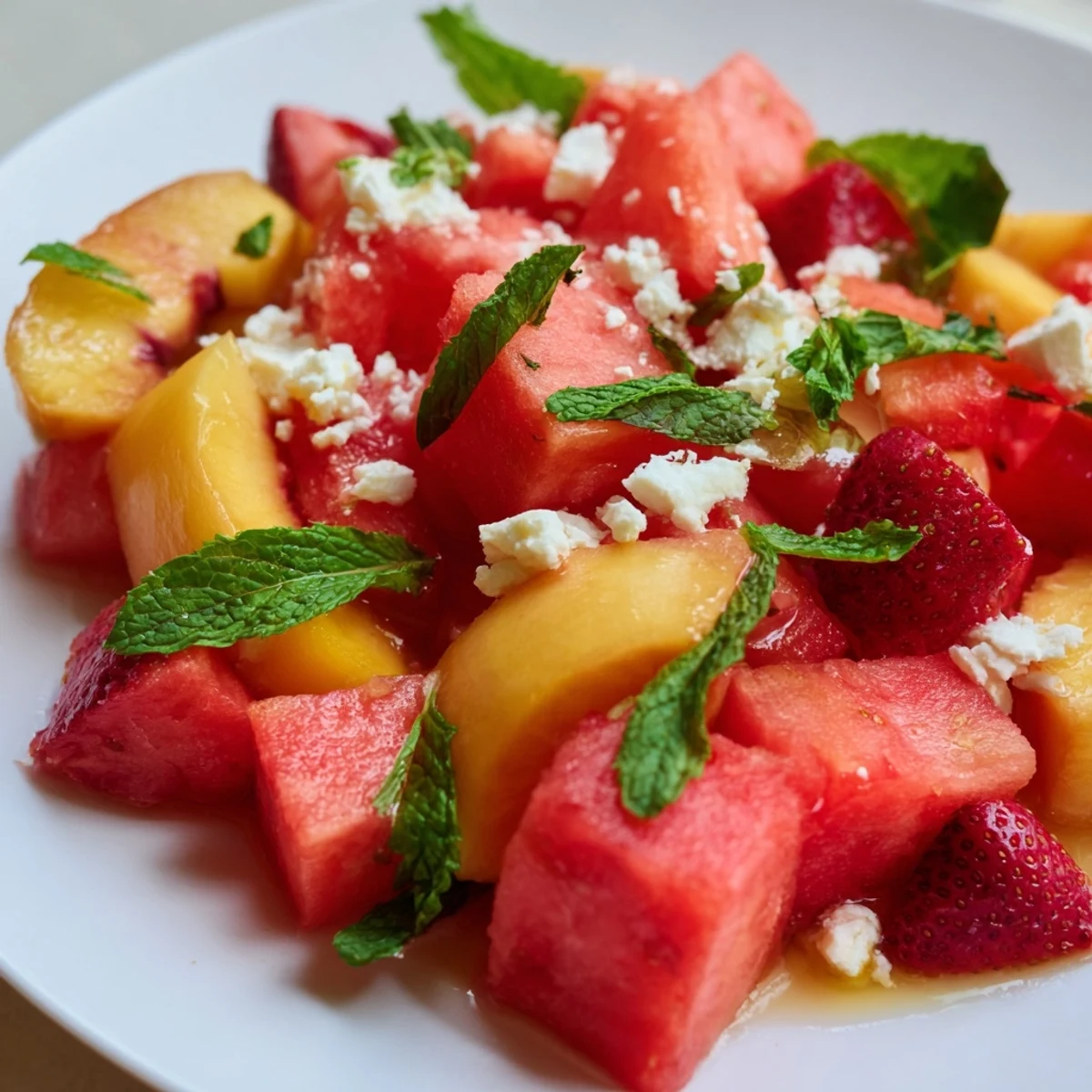 Summer peach watermelon salad featuring juicy ripe peaches and bright red watermelon cubes tossed with fresh mint leaves and drizzled with tangy lime dressing in a white serving bowl