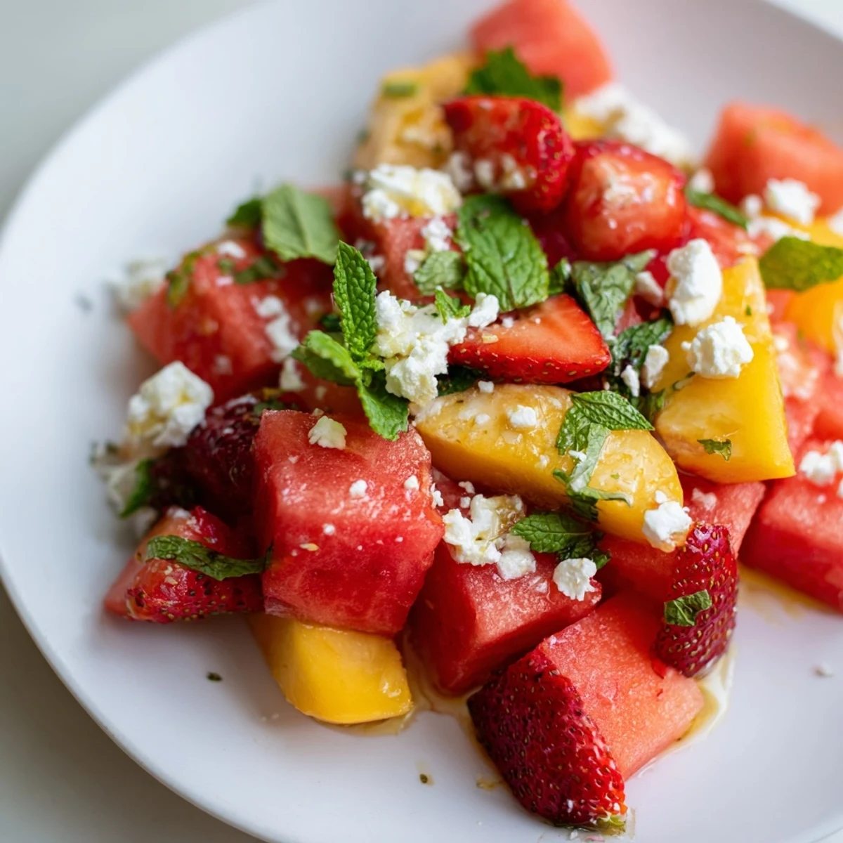 Vibrant summer peach watermelon salad bowl showcasing cubed watermelon and sliced peaches garnished with crumbled feta cheese and torn mint on a rustic wooden table