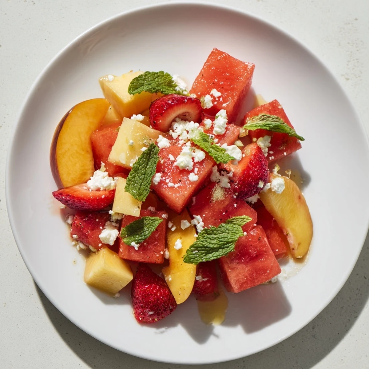 Refreshing summer peach watermelon salad with glistening fruit pieces coated in honey lime dressing and topped with fresh green mint sprigs on a light background