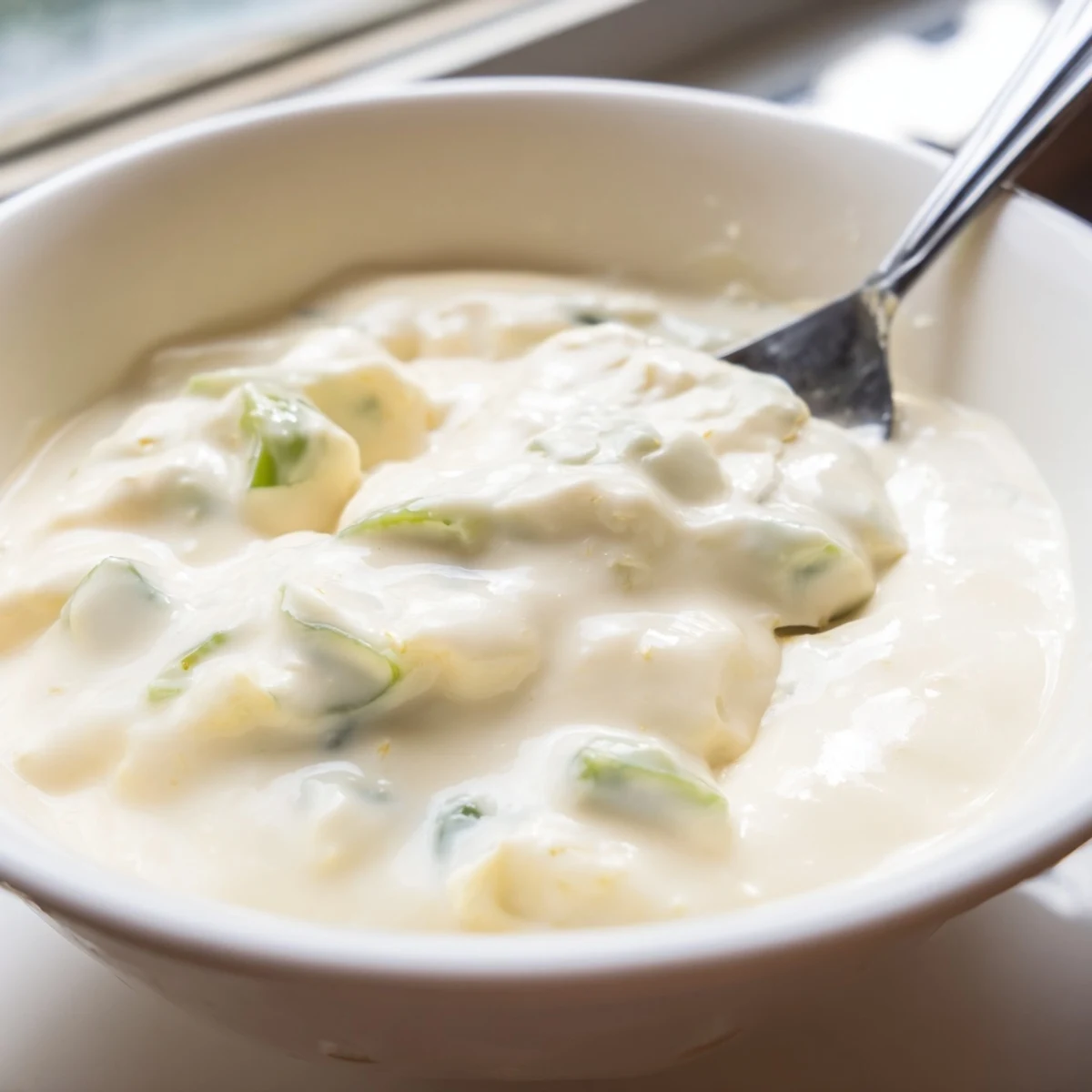 Creamy white queso dip bubbling in a saucepan with melted shredded cheese and diced jalapeños