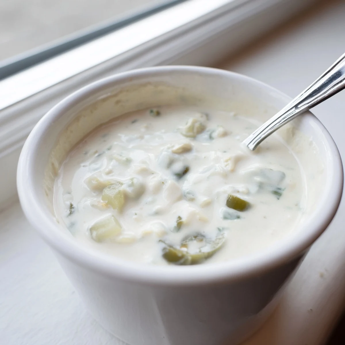 Rich and velvety white queso dip topped with green chilies, perfect for game day snacking