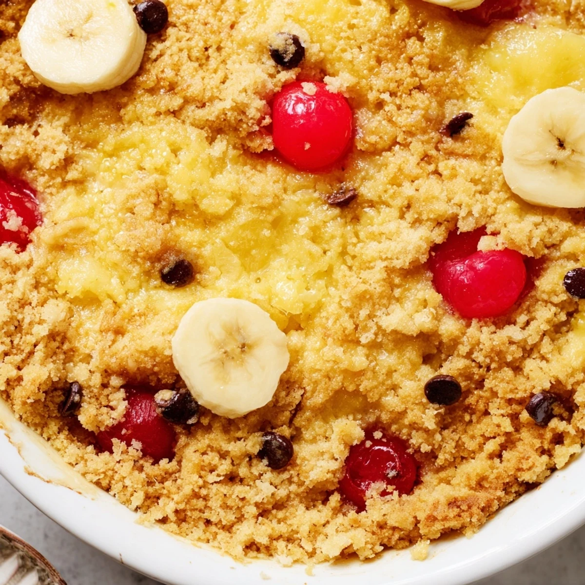 Golden banana split dump cake topped with whipped cream, chocolate syrup, and maraschino cherries