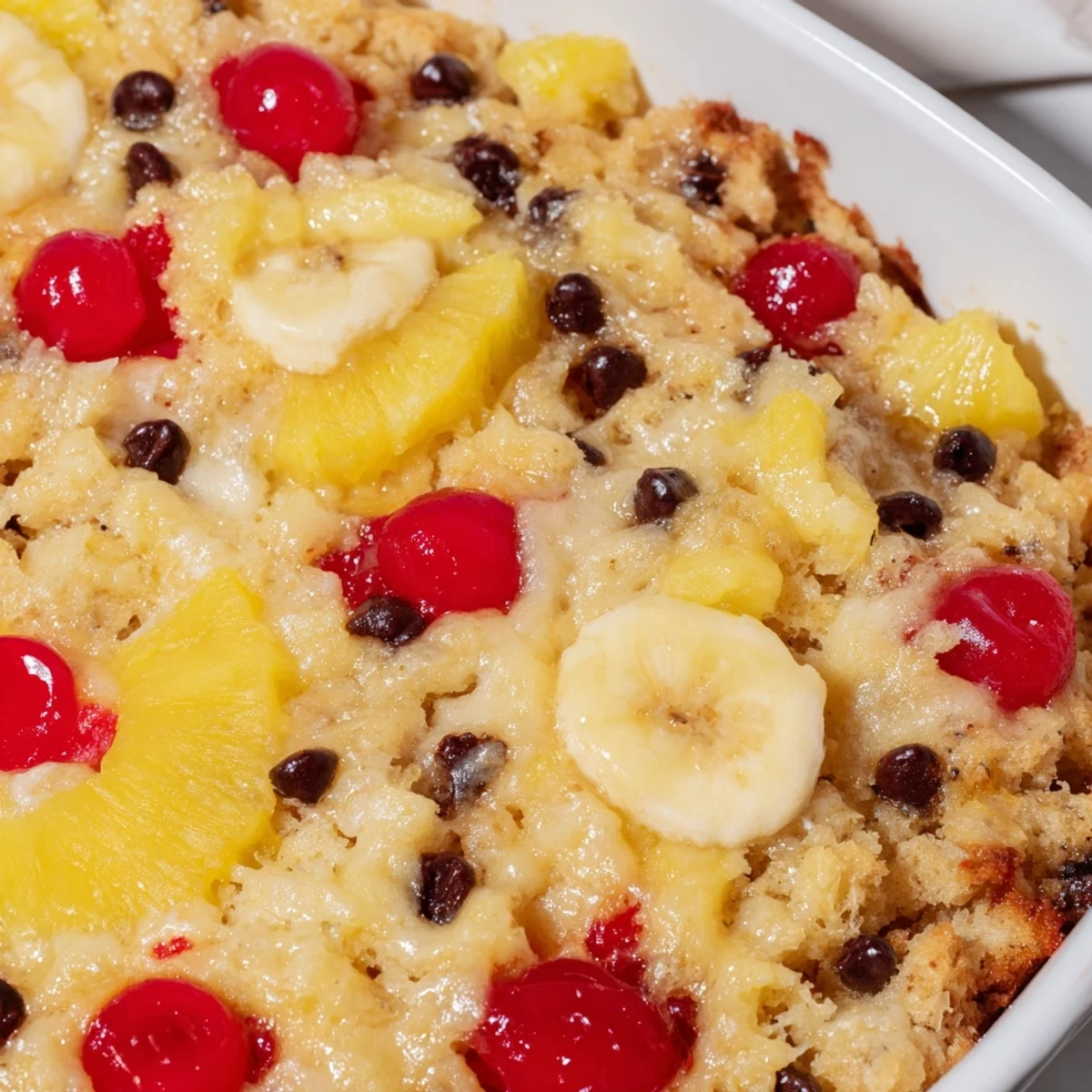 Sliced bananas, pineapple, and cherries layered beneath buttery cake in this easy banana split dump cake