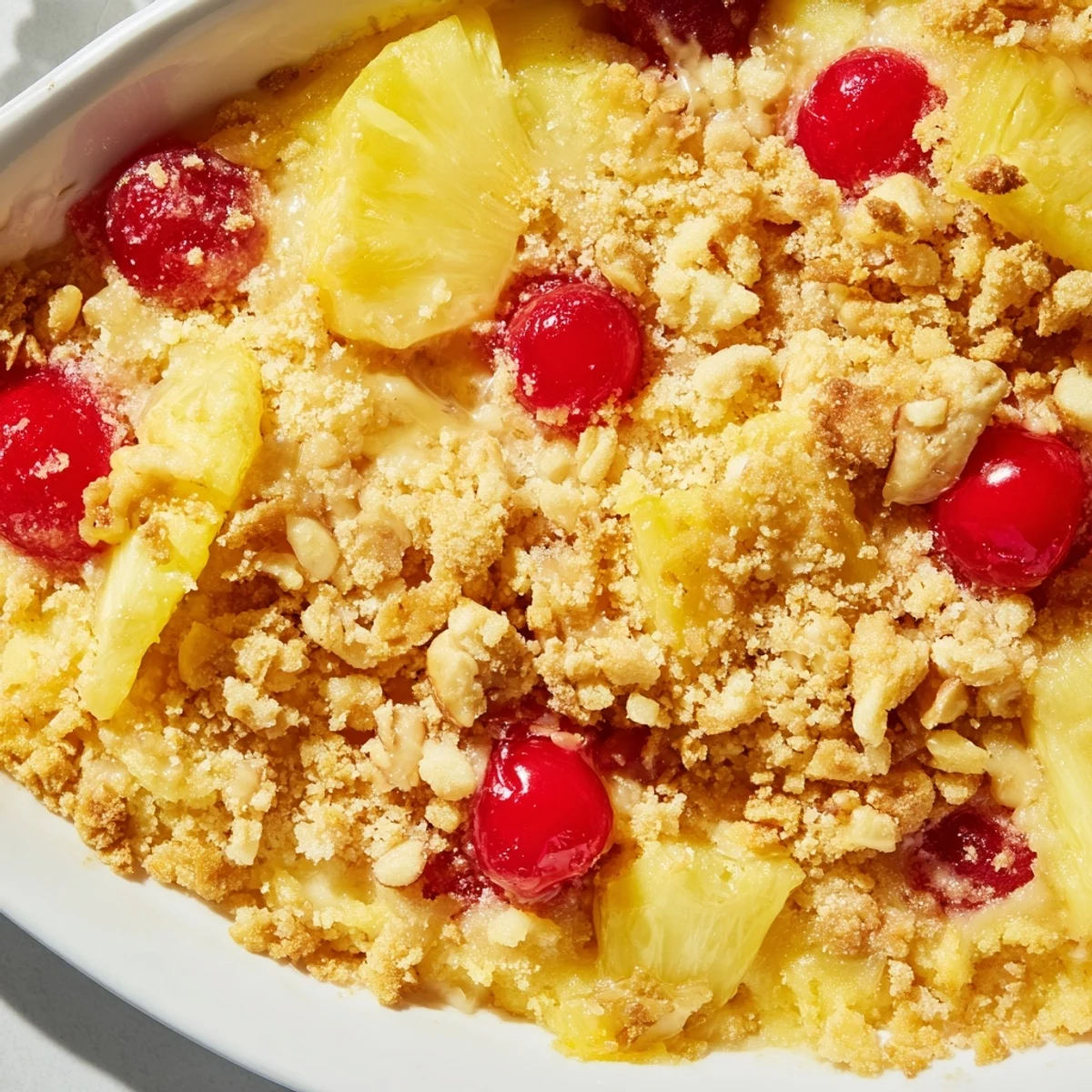Bubbling fruit-filled banana split dump cake fresh from the oven with melted buttery yellow cake mix