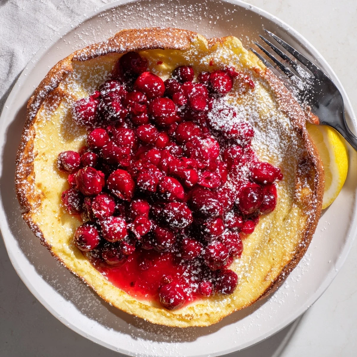 Golden Dutch baby pancake with cranberry compote dusted with powdered sugar