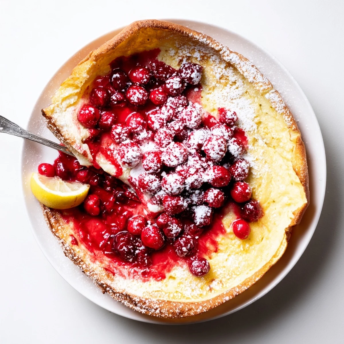 Fluffy oven-baked Dutch baby topped with vibrant red cranberry sauce and citrus zest