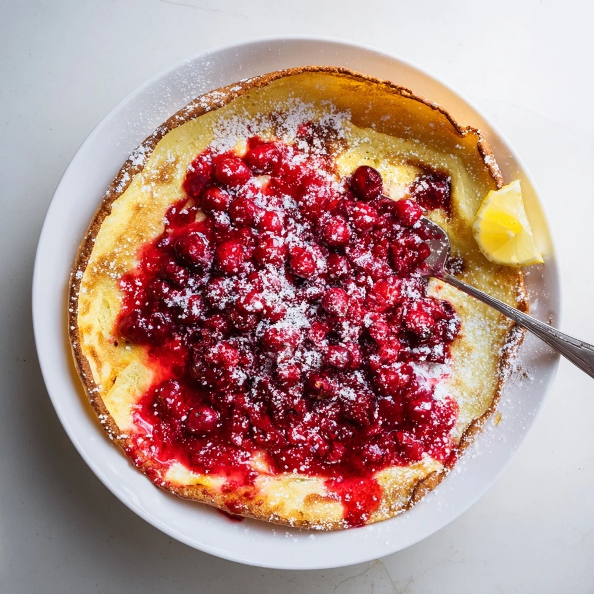 Puffed golden Dutch baby pancake served warm with tangy homemade cranberry compote
