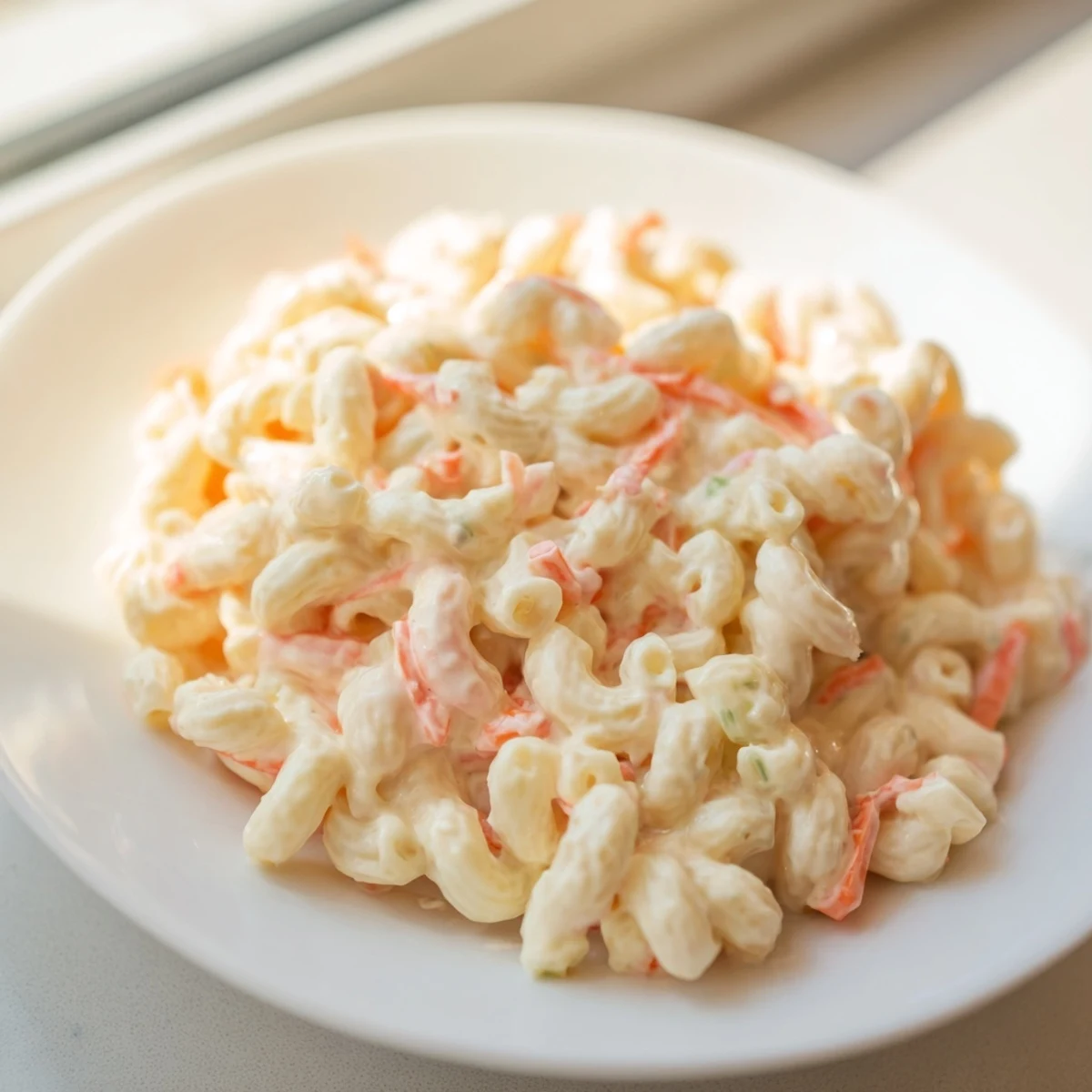 Close-up of Hawaiian style mac salad in a white serving bowl showing the smooth creamy texture and finely chopped vegetables throughout