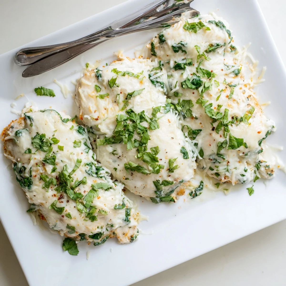 Golden baked creamy ricotta chicken with bubbling cheese topping and fresh herbs