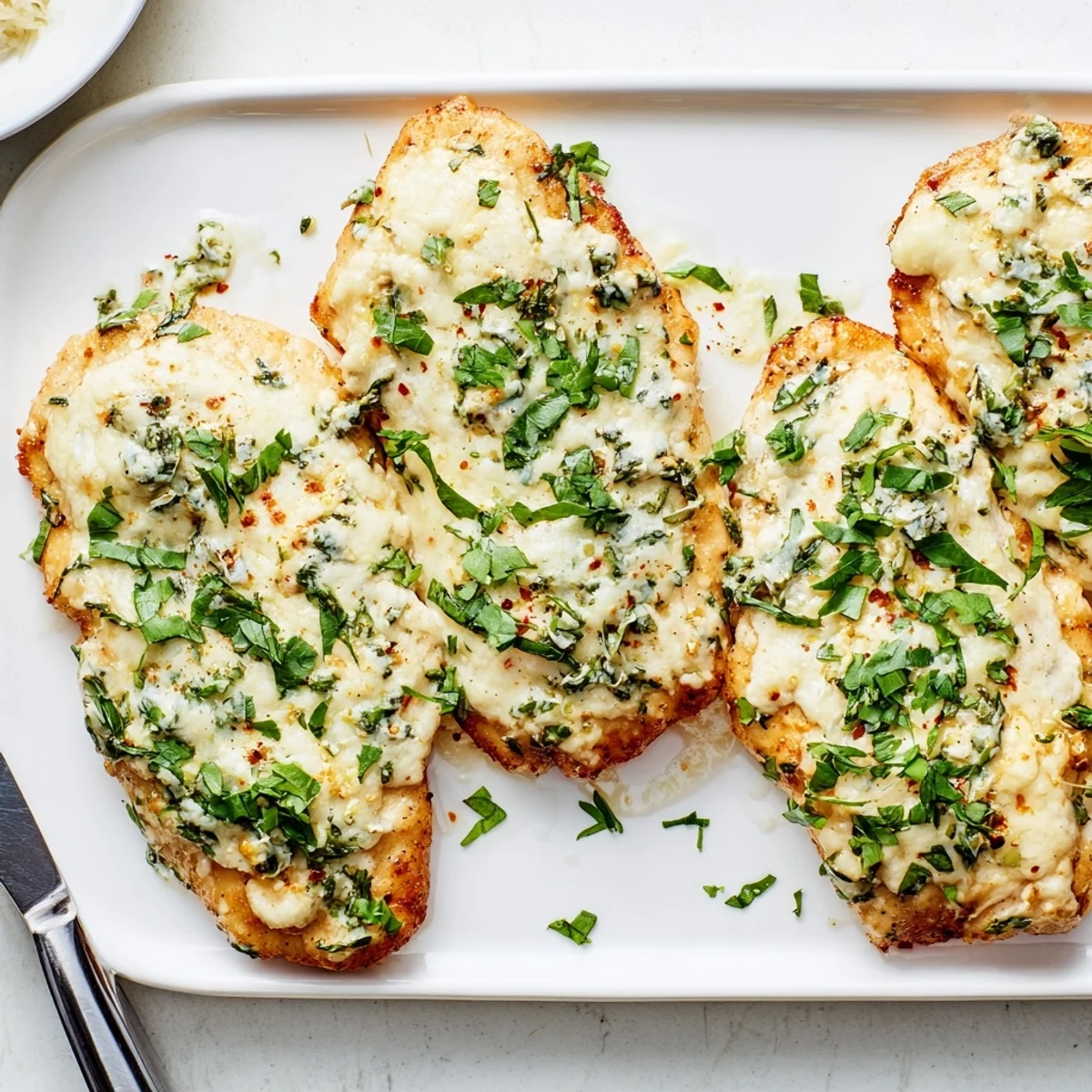 Creamy baked ricotta chicken plated with roasted vegetables and fresh parsley garnish