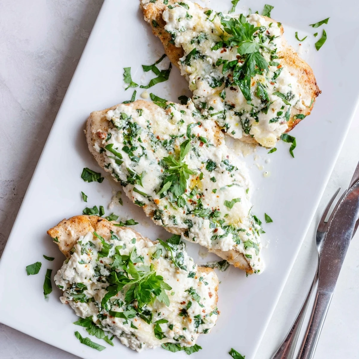 Juicy oven-baked chicken breasts smothered in rich ricotta Parmesan mixture golden brown