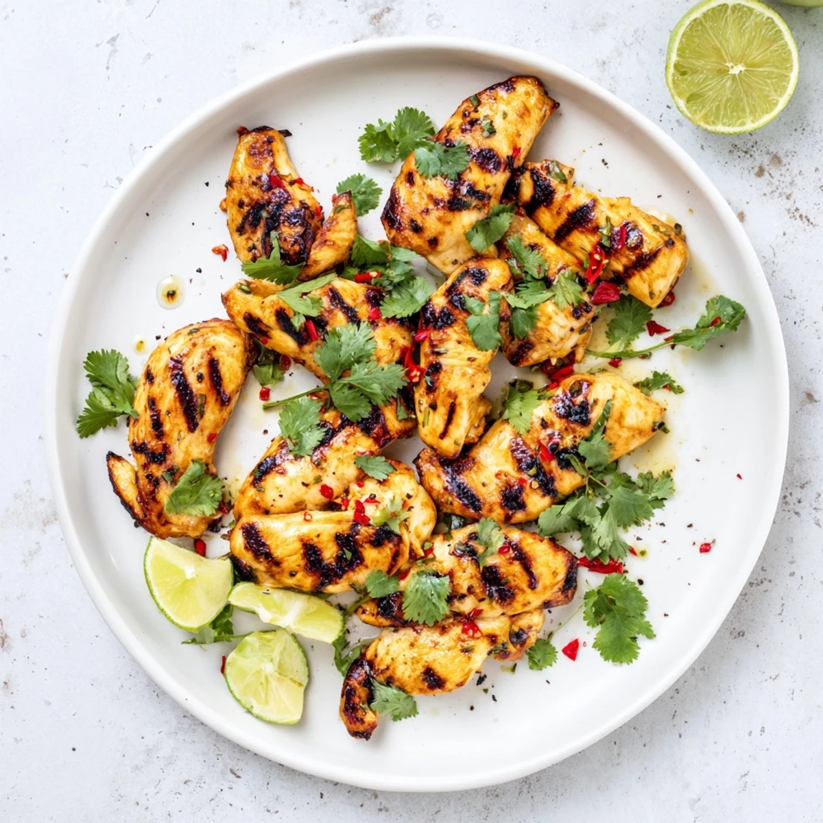Golden grilled chili lime chicken breasts garnished with fresh cilantro and lime wedges on a white platter