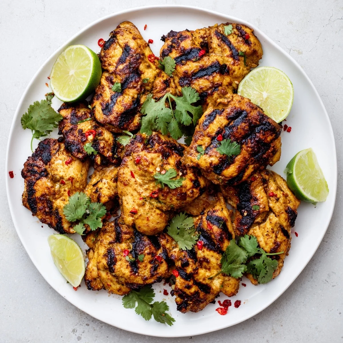 Juicy chili lime chicken marinated in spices and fresh herbs, perfectly charred from grilling