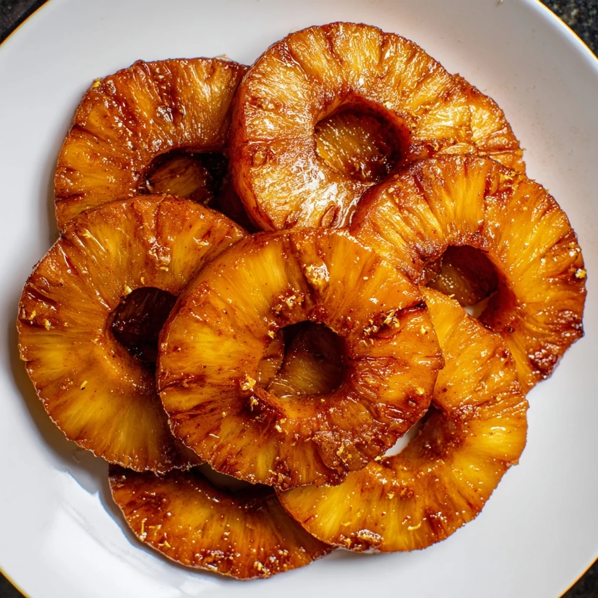 Caramelized pineapple rings air fried to perfection with lime zest and mint
