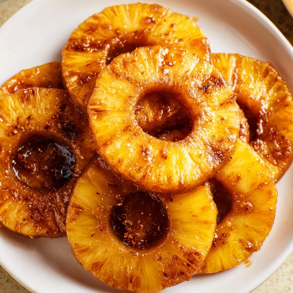 Sweet tropical pineapple slices air fried with spicy cinnamon and brown sugar coating