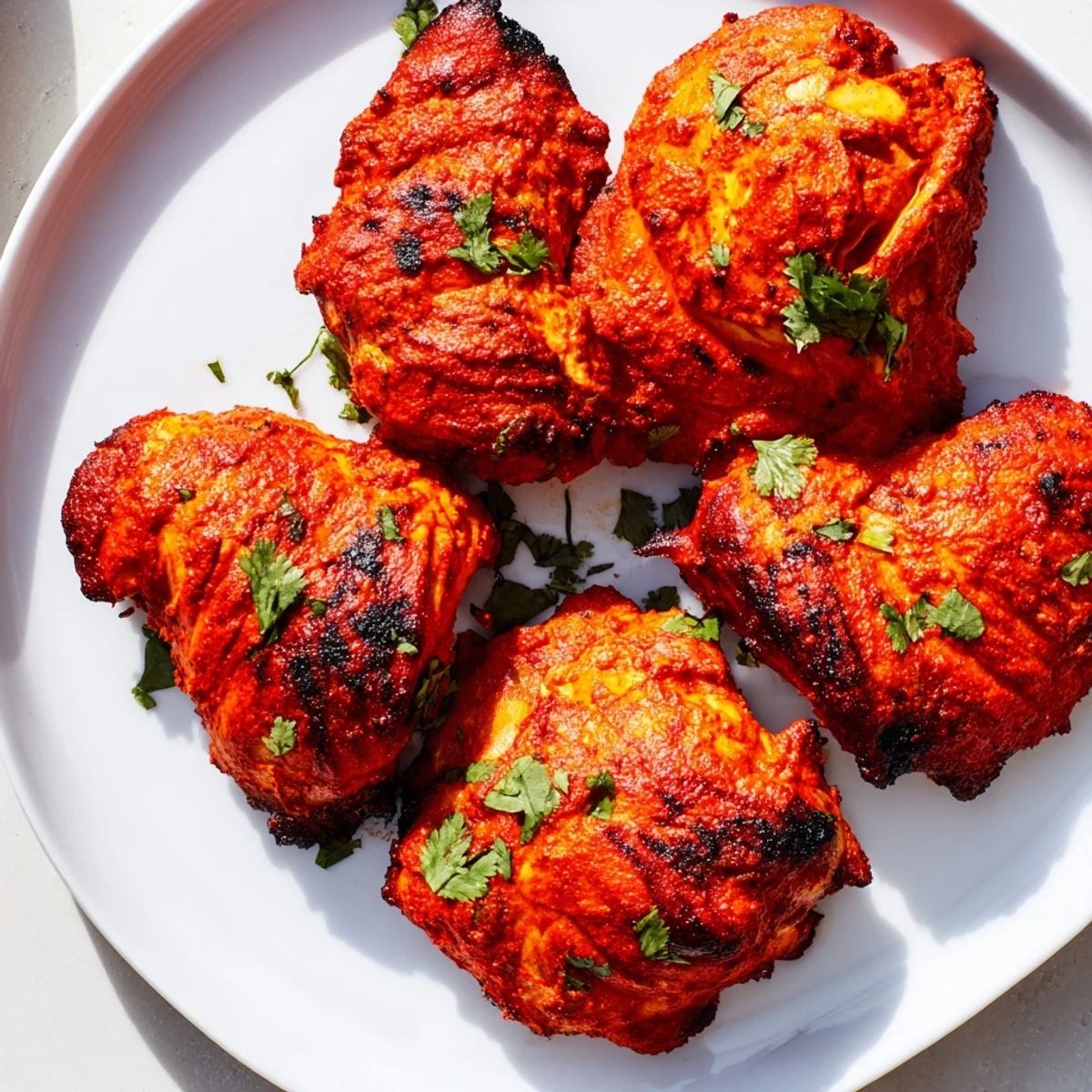 Golden tandoori chicken thighs with charred edges and vibrant red marinade on a white plate