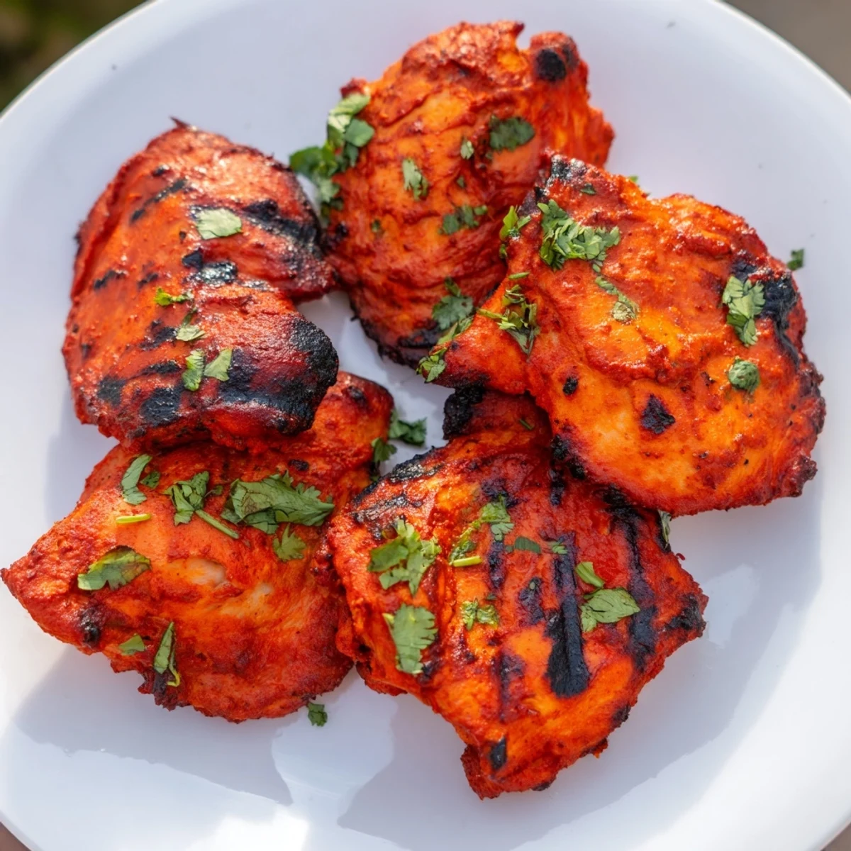 Savory Indian tandoori chicken drumsticks coated in yogurt spice rub with smoky grill marks visible