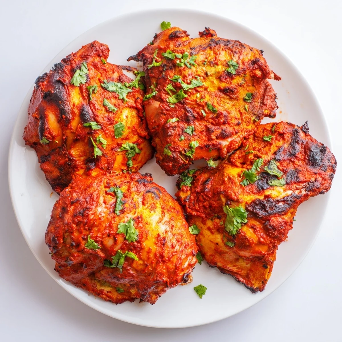 Succulent spiced tandoori chicken pieces grilled to perfection with fresh cilantro garnish and lemon wedges