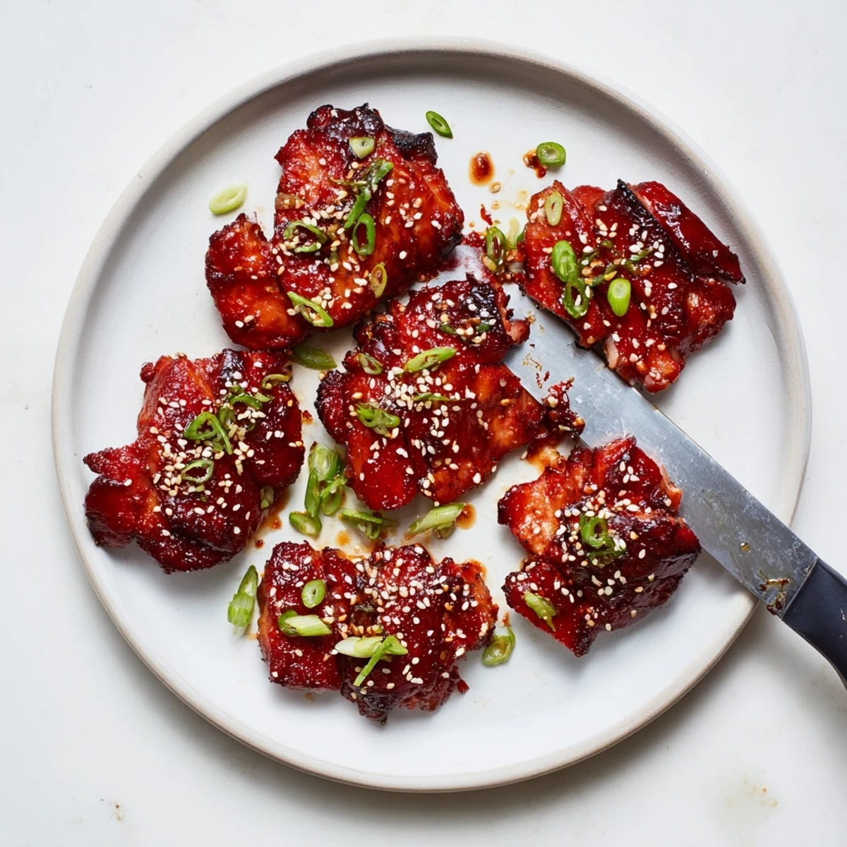 Sliced authentic char siu chicken arranged on a plate with scallion garnish